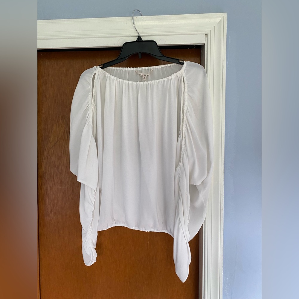 White long sleeve open shoulder blouse